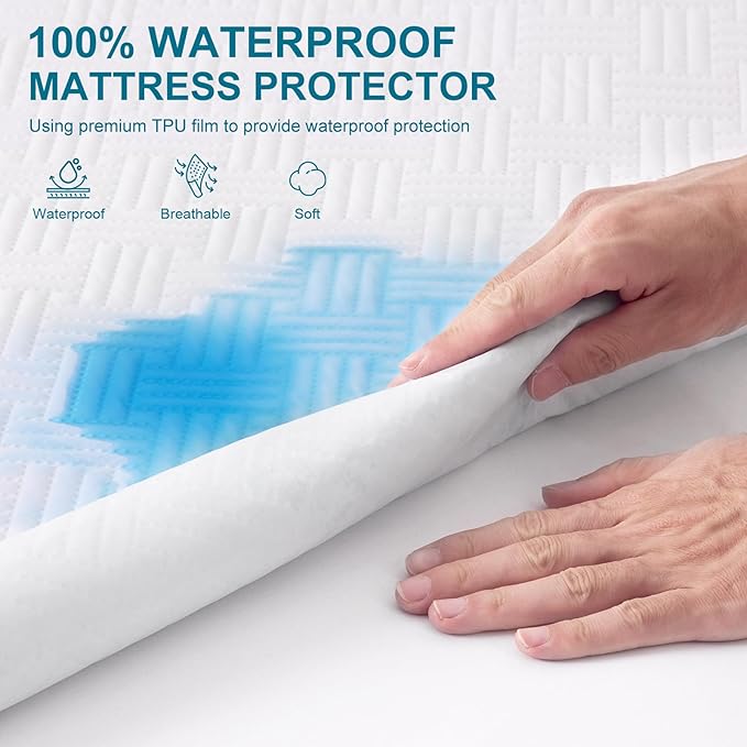 Waterproof Mattress Protector Queen Size - Breathable, Noiseless, Ultra-Soft Bed Cover, Mattress Pad Cover with Deep Stretchable Pockets 8"-21" (White)