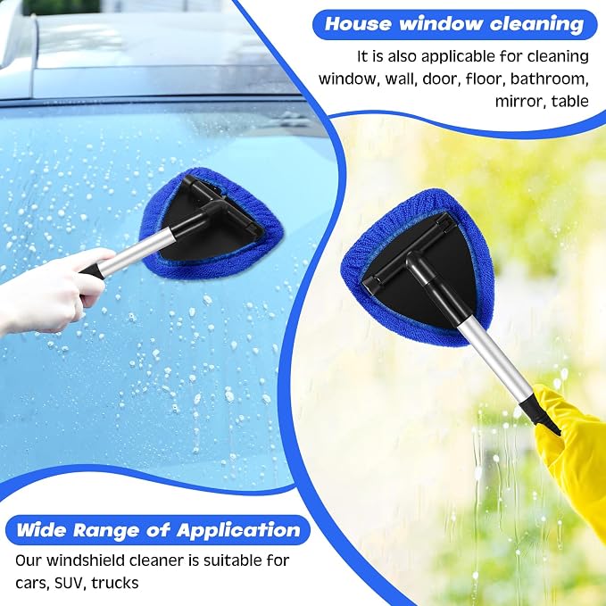 Potchen 8pcs Car Windshield Cleaner Tool with Extendable Handle, Blue | with Microfiber Towel Pads, Brush, Empty Spray Bottle, Car Window Cleaner for Auto Glass Wiper Suvs Rvs & Home Windows
