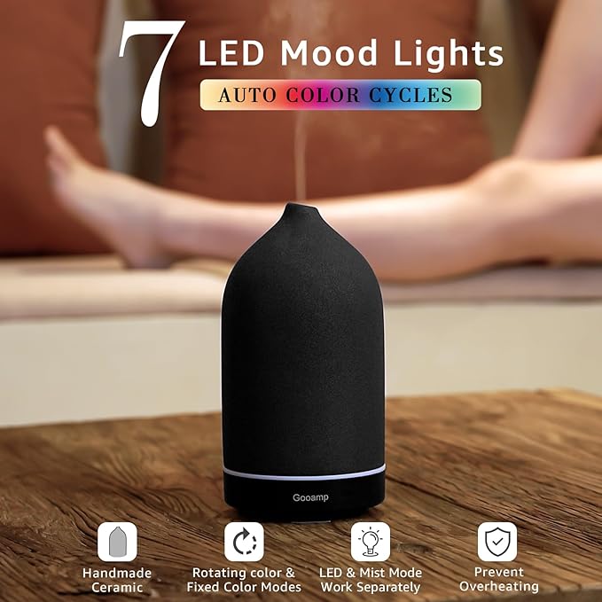200ML Ceramic Essential Oil Diffuser for Home, Stone Diffuser | Ultrasonic Aromatherapy Diffuser & Air Humidifier for Bedroom, Office, Yoga, 7 LED Lights, Auto Shut-Off, 3 Timers, Black