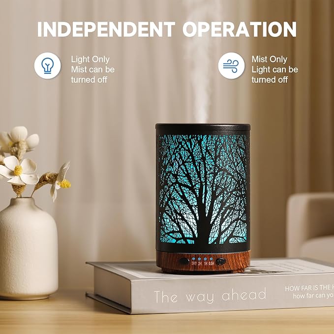 Essential Oil Diffuser 120ML Metal Aromatherapy Diffuser with Timer, Cool Mist Humidifier with Auto Shut-Off & 7 Color Lights for Home Office Spa (Tree)