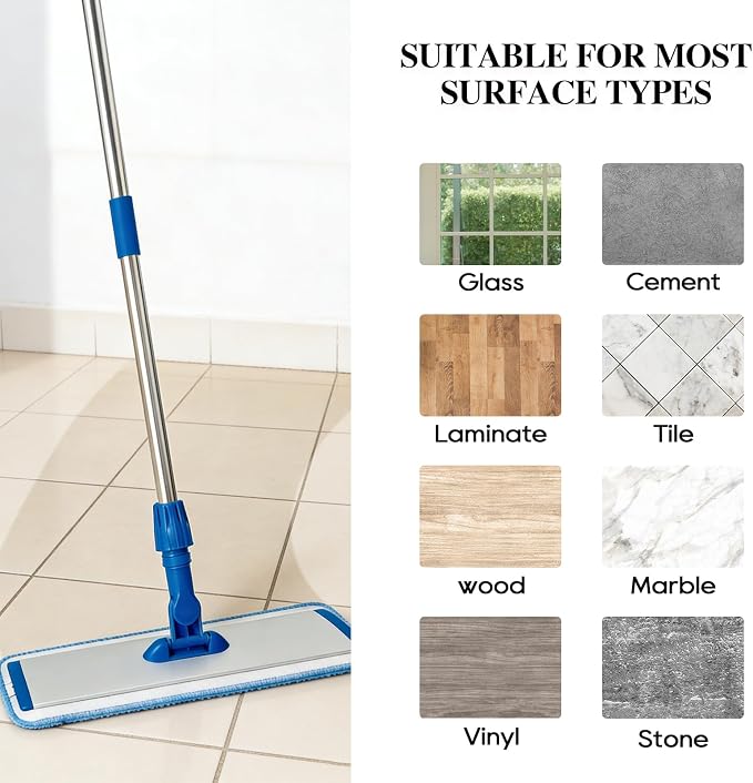 HONOVA 17.5" Microfiber Mop for Floor Cleaning, Blue Flat Floor Mop | 59" Stainless Steel Handle, 4 Reusable Washable Replacement Pads, Wet & Dry Use, for Hardwood Tile Laminate