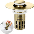 (All Metal) Bathroom Sink Stopper, Pop Up Drain Strainer for Bathroom Sink, Sink Plug Hair Catcher, Silent Popper Core w/Removable Filter Basket,Fit 1.05~2.0''Basin (Gold, 1 Pack)