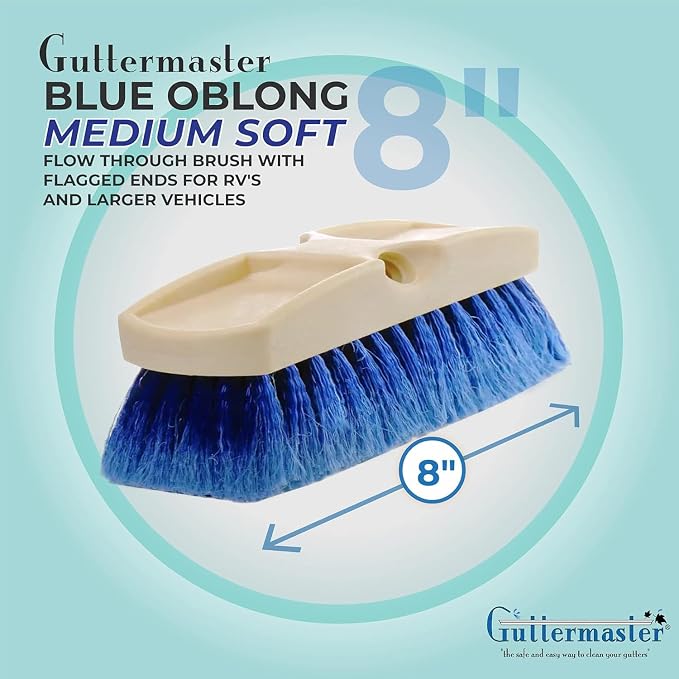 Guttermaster Blue Flow Through Essential Flagged-End Brush Head, 8-Inch | GM-215NP-8 Oblong medium soft bristle brush for gentle car wash, RV, boat, large vehicles, compatible with pole handle