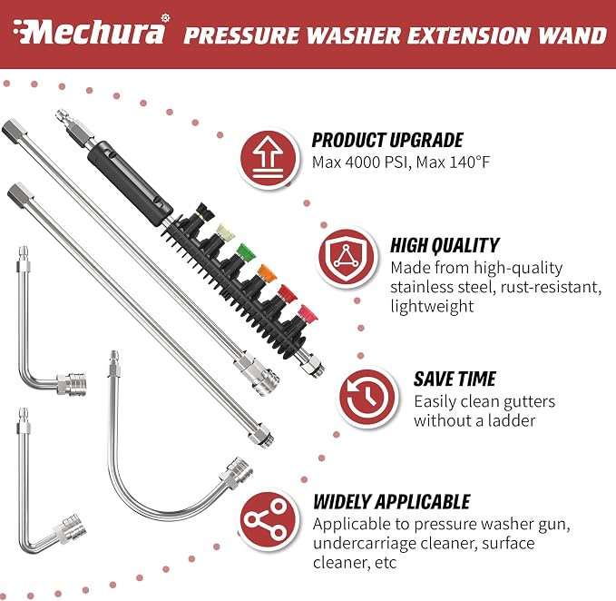 Pressure Washer Extension Wand 10 Pack, 4000PSI with 6 Nozzle Tips | Power Washer Lance, 1/4" Quick Connect Gutter Cleaning Tools, Stainless Steel Pressure Washer Wand Replacement