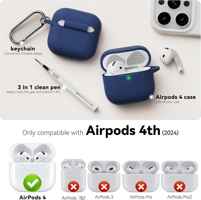for AirPods 4 Case 2024 with Cleaner Kit & Keychain-Midnight Blue | Silicone Protective Cover for Apple AirPods 4th Generation Case,for Women Men,One-Piece Design,Shockproof,Dust Proof
