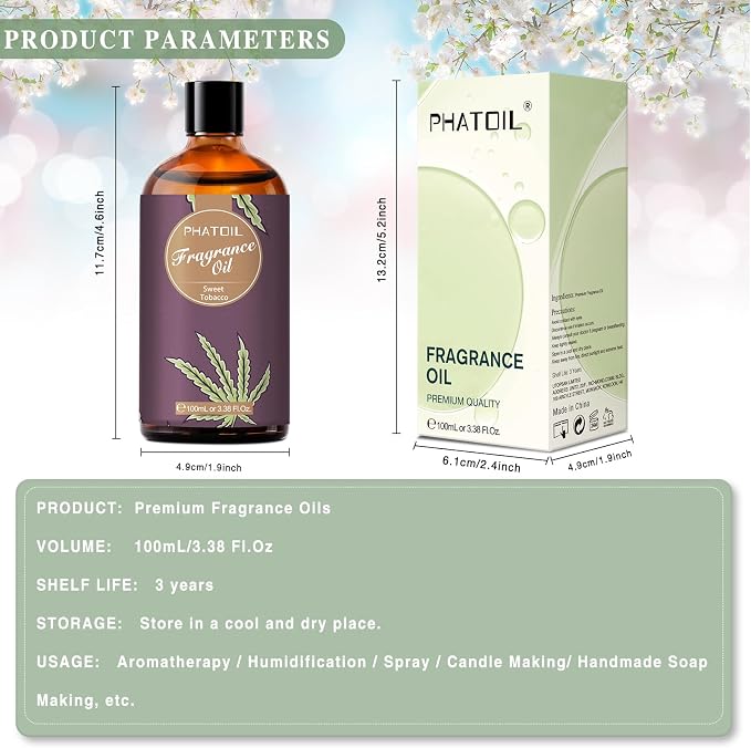 PHATOIL Sweet Tobacco Fragrance Oil for Diffuser Aromatherapy 3.38FL.OZ | Long Lasting Scented Oils For Humidifier, Air Freshener, DIY Soap Candle, Scent Project Making, Aroma Oil for Home Freshening