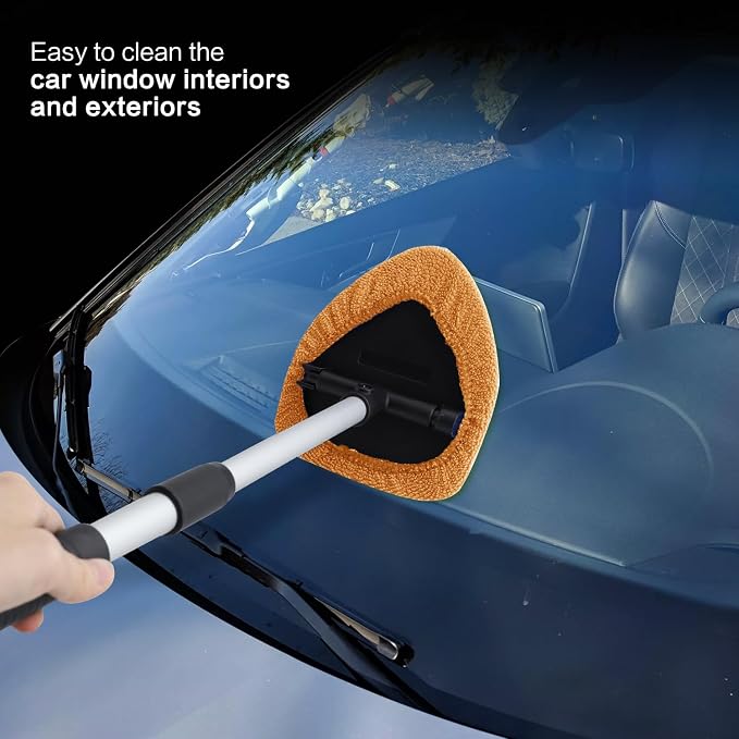 Windshield Cleaner Tool 22.5" L - Car Interior&Exterior Window Cleaning Kit with Extendable Handle&4 Microfiber Pads and Thick Large Wash Sponge,Auto Glass Wiper Brush Kit for Cars Home (7pcs Orange)