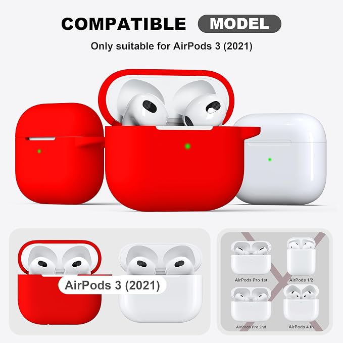 R-fun Compatible with AirPods 3 Case Cover, Silicone Protective Accessories Skin with Keychain Compatible with Apple AirPod 3rd Generation 2021 for Women Men Girls Boys,Front LED Visible,Red