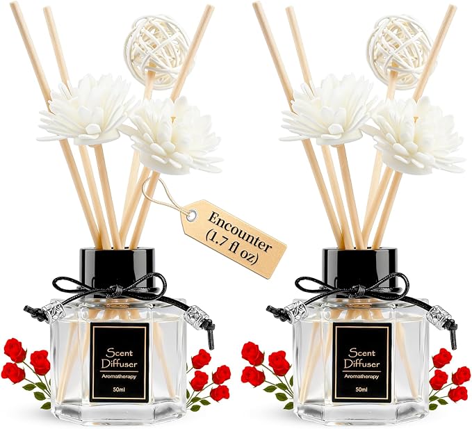TonJin Encounter Reed Diffuser Set of 2, 1.7 fl oz Floral & Woody Long-Lasting Home Fragrance with 6 Scent Sticks| Natural Non-Toxic Scented Oil Sticks Air Freshener for Bedroom & Living Room