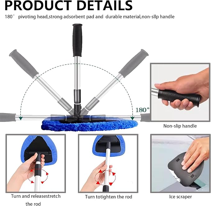 Car Windshield Cleaning Tools, Expandable Car Window Cleaner kit with 4 Reusable Microfiber Pads, 2 Spray Bottles, Windshield Cleaning Wand Tool, Auto Interior Dust Brush, for Trucks, SUVs, RVs etc