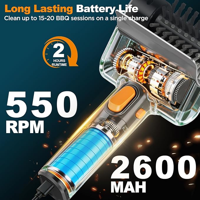 Electric Grill Brush with Dual Safety Lock, Ideal Gift for Men Dad Husband | Professional BBQ Cleaner with Submersible 304 SS Head, Splash-Proof Scrubber for Outdoor Grill (Orange Button)