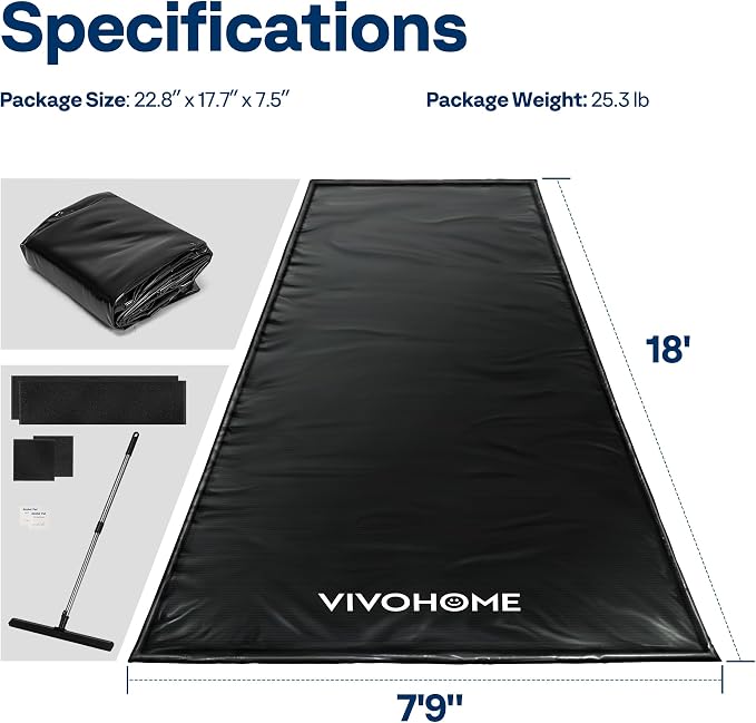 VIVOHOME Containment Mat (7'9" x 18') with Stay Put Corner, Black | PVC Garage Floor Mats, Heavy Duty Garage Parking Mat with a Squeegee