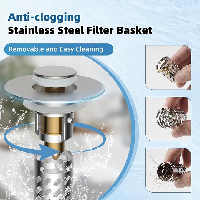 iFealClear All Metal Bathroom Sink Stopper, Pop Up Sink Drain Strainer with Removable Stainless Steel Filter Basket, Universal for 1.1"-2.36" US Sink, Brass Bounce Core, Hair Catcher, Brushed Nickel