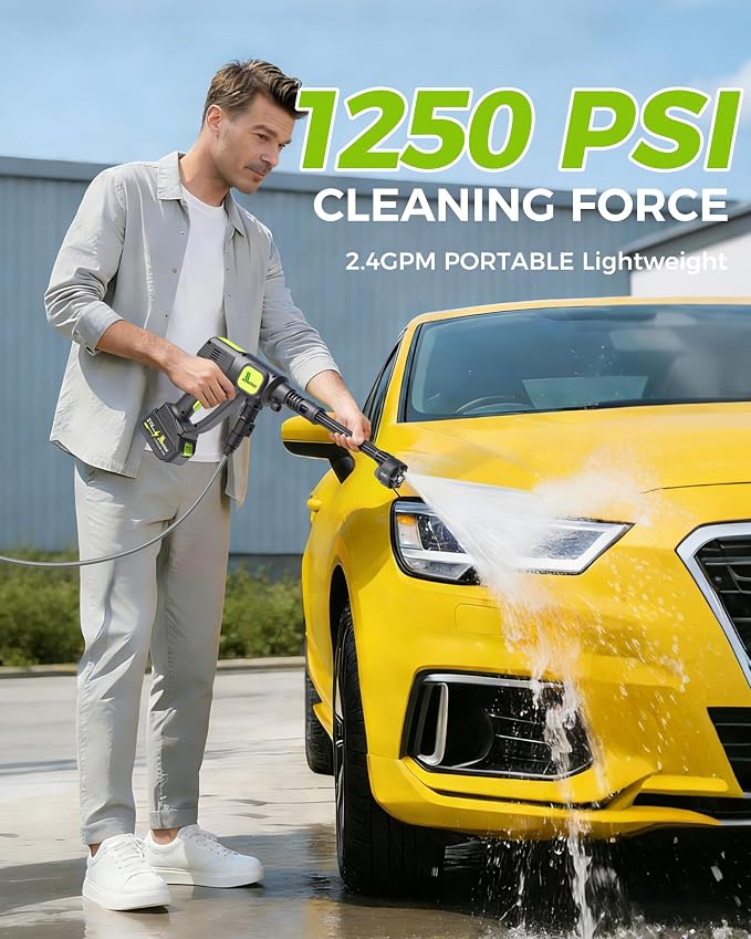 Cordless Car Washer, 1250PSI, Portable Self-Priming Cleaning Tool | Draw Water From Bucket, Garden Hose or Faucet. Lightweight Cordless Design with 6-in-1 Nozzle for Car, Patio, Garden.