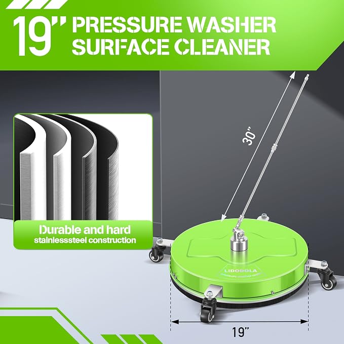 LidoDola 19'' Pressure Washer Surface Cleaner Green, Power Washer Accessory | Stainless Steel Housing with 4 Wheels, 1/4" QC, 2 Extension Wands & 2 Replacement Nozzles, for Gas & Electric Pressure Washer