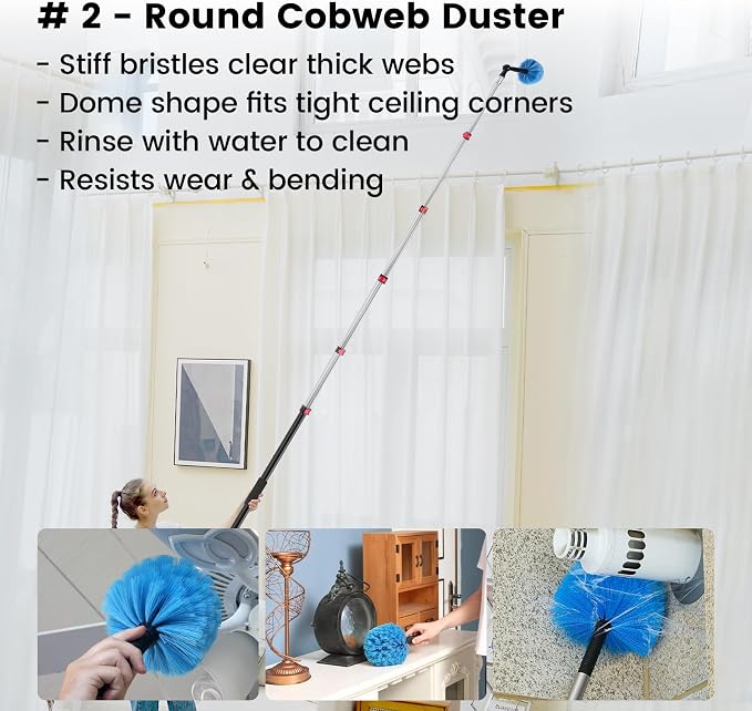 Ceiling Fan Duster Kit with 24 FT Telescoping Pole – 6-Piece Set – Screw-On Cobweb Duster & Squeegee Heads – Washable Bendable – 3/4" Universal Fit – House Cleaning Kit, Blue