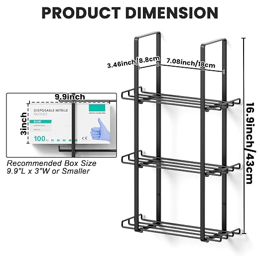 Glove Holder Dispenser for Wall Mount, 2 Pack Metal Disposable Latex Glove Box Holder for Home Office, Lab and Garage, Tissue Wire Rack Wall-mounted for Kitchen Organizer Decor, Blak
