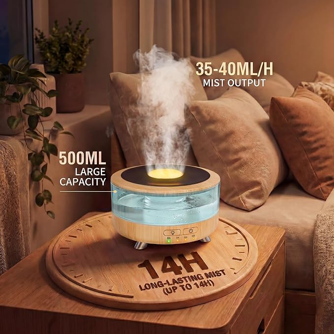 500ML Retro Vinyl Essential Oil Diffuser for Home | 3D flame effect & 9 colors. 500ml tank lasts 14H for deep sleep. BPA-free with auto-off ensures safety for babies and pets.