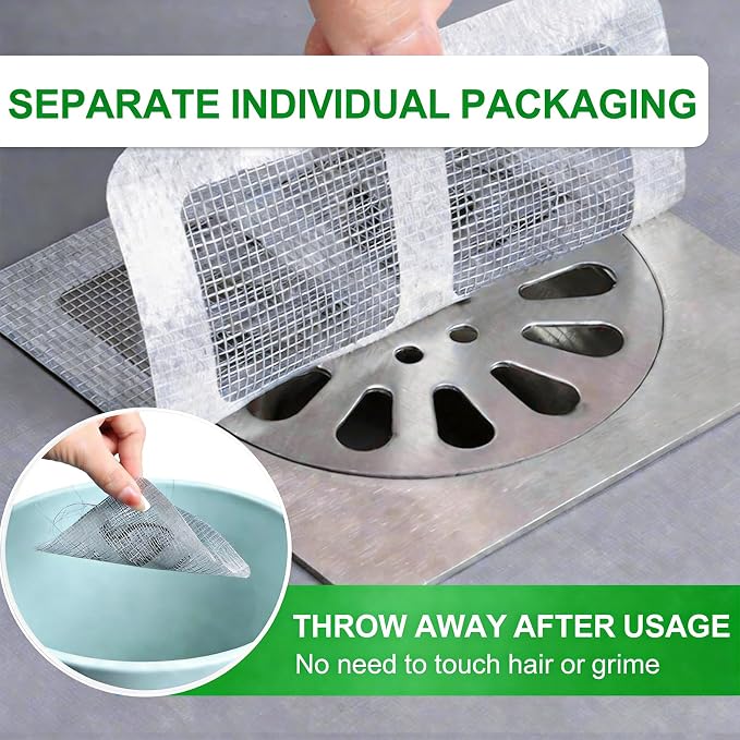 100PCS Disposable Drain Hair Catcher Stickers, Self-Adhesive Shower Sink Drain Mesh Stickers for Bathroom Bathtub Kitchen Sink, Disposable Hair Trap Sticker Drain Protector