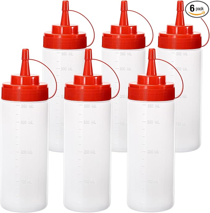 Condiment Squeeze Bottles Ketchup Dispenser, 6 Pack 12oz Squeeze Bottles for Liquids, Plastic Sauce Bottle with Cap Lid, Squirt Bottles for Sauces Liquids BBQ Dressing Pancake Art