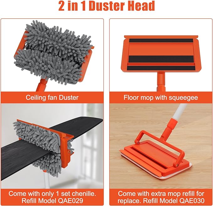 Qaestfy Ceiling Fan Cleaner Duster with 62.5‘’ Extendable Long Handle Ceiling Fan Blade Cleaning Tool, Reusable Chenille & Microfiber Mop Head for Dusting Ceiling Fan Baseboard Wall Floor