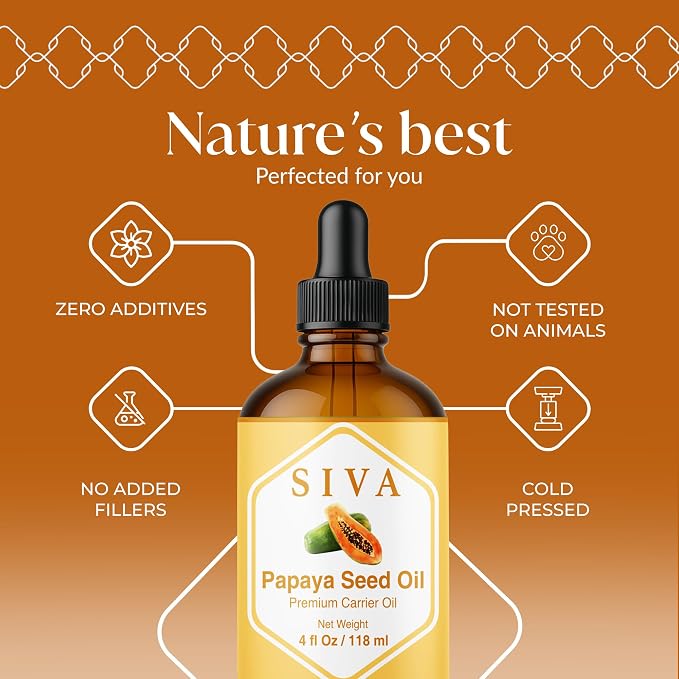 SIVA Papaya Seed Carrier Oil, Glass Bottle with Dropper, 4 Fl Oz (118 ml) | Papaya Seed Oil for Face Care, Skin Care, Facial Oil, Hair Care, Scalp Massage, Body Massage, Dilution & DIY Beauty Blends