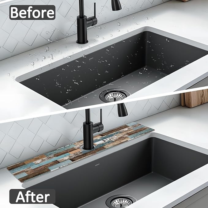 2PCS 24" X 5.5" Kitchen Sink Splash Guard Faucet Mat Wood Grain Super Absorbent Fast Drying Faucet Guard & Draining Mat Sink Splash Guard Behind Faucet for Kitchen, Bathroom