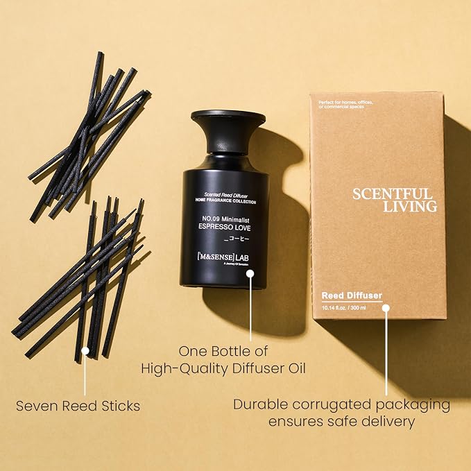 M&SENSE Minimalist Large Reed Diffuser 300ml, Espresso Love Scented with Natural Essential Oils, Long Lasting with 7 Sticks, Non-Toxic Home Fragrance for Bedroom, Bathroom Decor