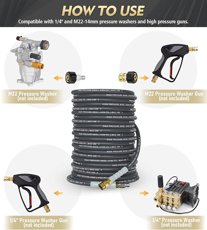 QC Installed Pressure Washer Hose 200 ft, 4200 PSI Flexible & Kink-Resistant, Steel-Braided & Durable, Power Washer Hose with 3/8" 360° Swivel Quick Connect, Hot/Cold Water Compatible, Gray