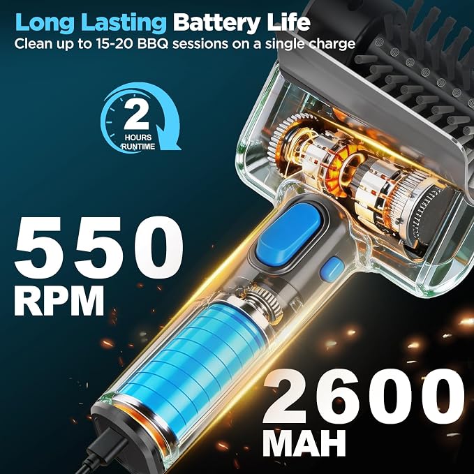 Electric Grill Brush with Dual Safety Lock. Ideal Gift for Men Dad Husband | Professional BBQ Cleaner with Submersible 304 SS Head, Splash-Proof Scrubber for Outdoor Grill (Blue Button)