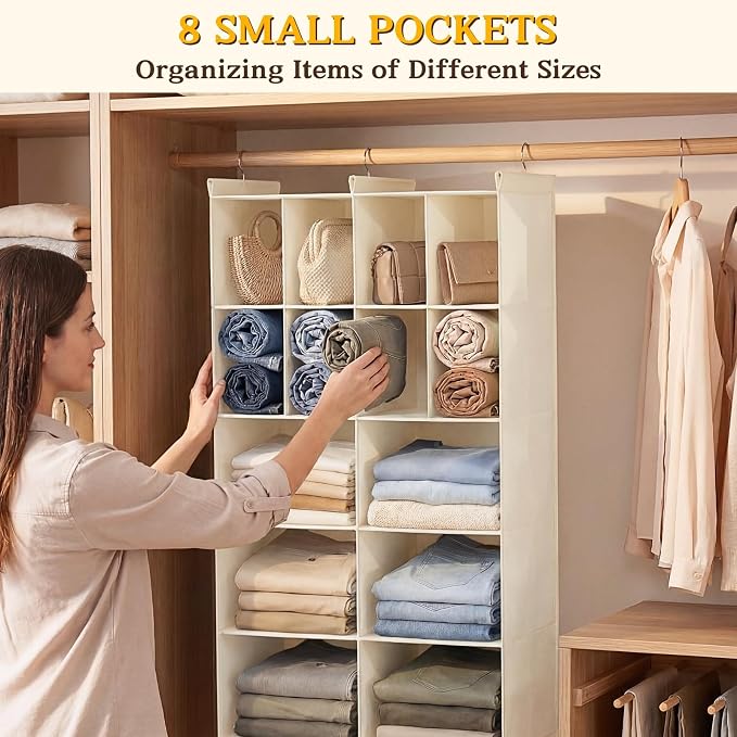5 Tier Hanging Closet Organizer, 14 Compartments Dual Row Storage, Beige | Closet Organizers and Storage with Large & Small Pockets, 3 Sturdy Hooks Support Heavy Loads, Ideal for Dorm, Garment Rack