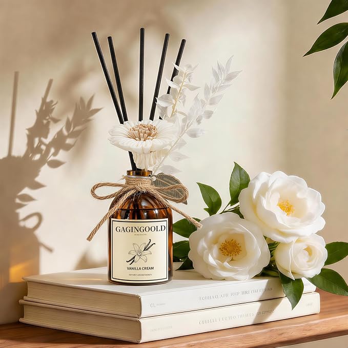 Reed Diffuser Set, Vanilla Cream Scent Diffuser with 10 Sticks & Decorative Flower, Long Lasting Diffusers for Home Fragrance, Vintage Decor for Bathroom Bedroom Office Shelf, 5 Fl.oz