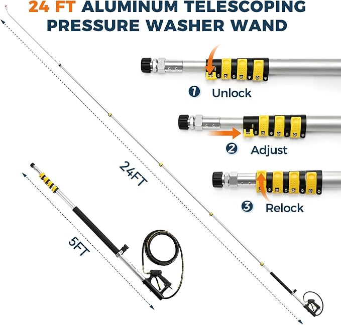 24 FT Aluminum Pressure Washer Telescoping Wand with 3 Pressure Washer Extension Wand, Brush Head, Gutter Cleaning tools with Power Washer Extension Wand, Gutter Cleaner Wand, 7 Spray Nozzle Tips