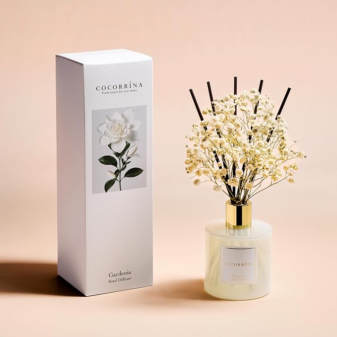 Reed Diffuser - Gardenia 6.7 Fl.oz Reed Diffuser Set with Sticks & Preserved Baby's Breath, Reed Diffuser for Home Bathroom Shelf Decor