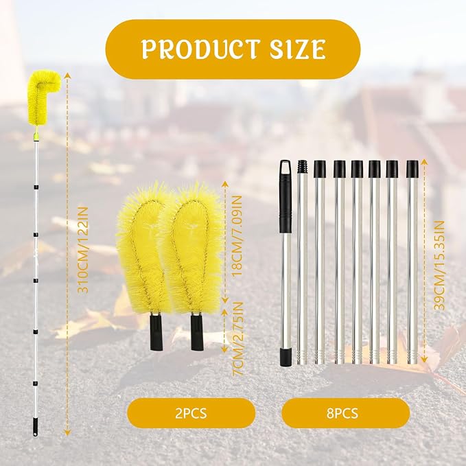 Gutter Cleaning Brush Extendable Guard Cleaner Tool with 8 Pcs Telescoping Handle Extension Pole 10ft, Gutter Cleaning Tools from The Ground for Easy Removing Leaves Debris Window Cleaner (Yellow)