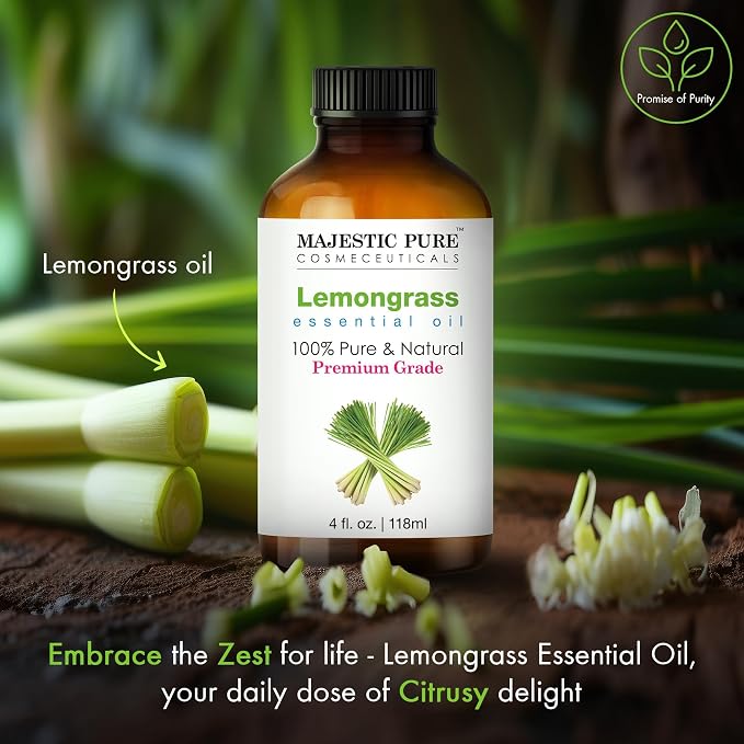 Majestic Pure Lemongrass Essential Oil for Diffuser - 4 Fl Oz | 100% Pure & Natural Essentials Oils for aromatherapy, massage blends and DIY home fragrance projects, Massage and room sprays
