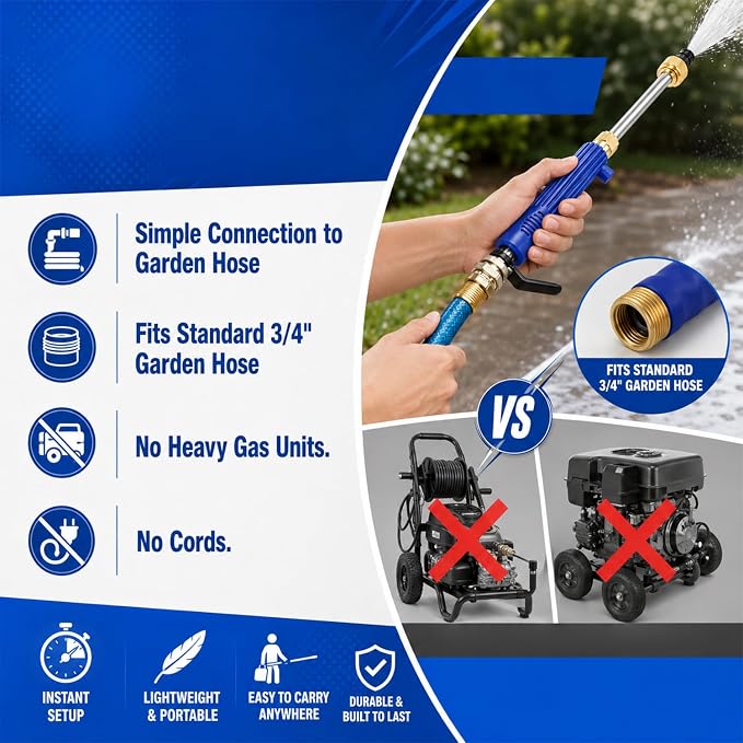High Pressure Hose Nozzle, 2‑in‑1 Metal Water Jet Nozzle, High Pressure Power Washer Wand with 2 Different Tips, Quick Connectors for Cars, Patios, Decks & Outdoor Cleaning (Blue)