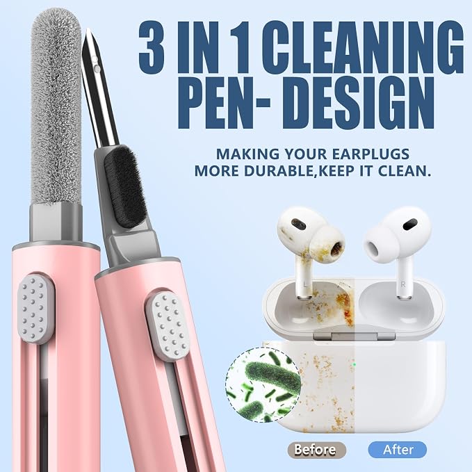 Inesore Multi Cleaning Kit for AirPods & All Bluetooth Earbuds (Pink) | 3-in-1 Design with Brush,Sponge & Metal Tip, Airpod Cleaning, Phone Cleaner, Earbud Cleaning, Electronic Device Cleaning Tool