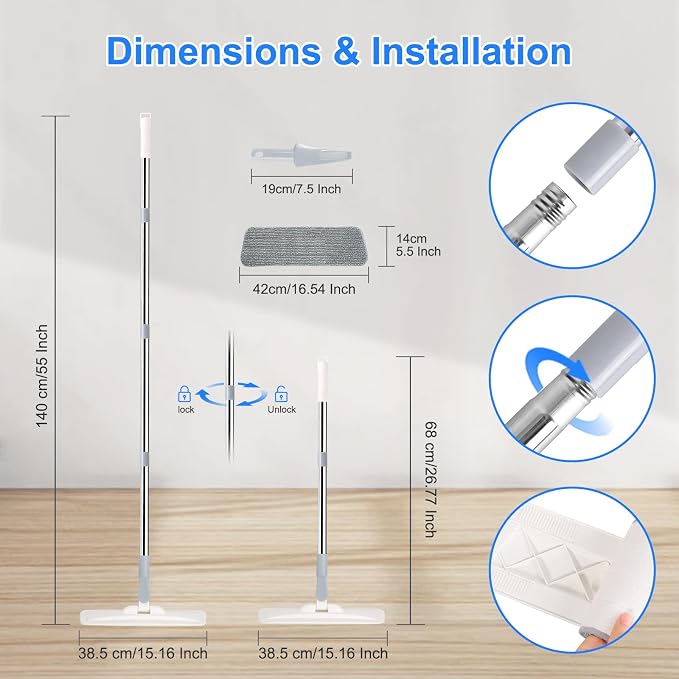 wlich Microfiber Floor Mop, 55" Extendable Flat Mop with 4 Reusable Pads | 360° Rotating Head, 4 Pads, 1 hook, 1 wall piece, and 1 scraper, Wet Dry Dust Mop for Bathroom Kitchen Floor,Ceramic Tiles