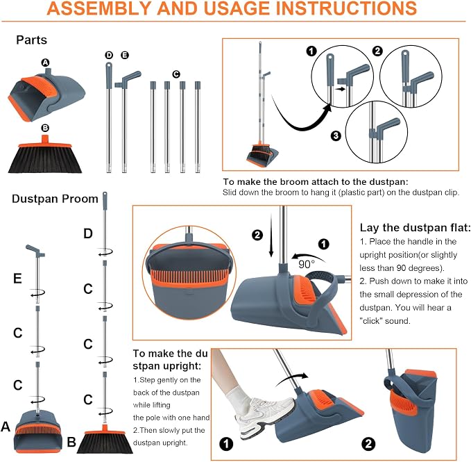 Broom and Dustpan Combo Set, 52" Long Handle with Squeegee & Mini Set | Orange Complete Cleaning Kit, Floor Squeegee for Wet & Dry Messes, Built-in Comb Dustpan, Mini Broom Set，for Home & Pet Areas