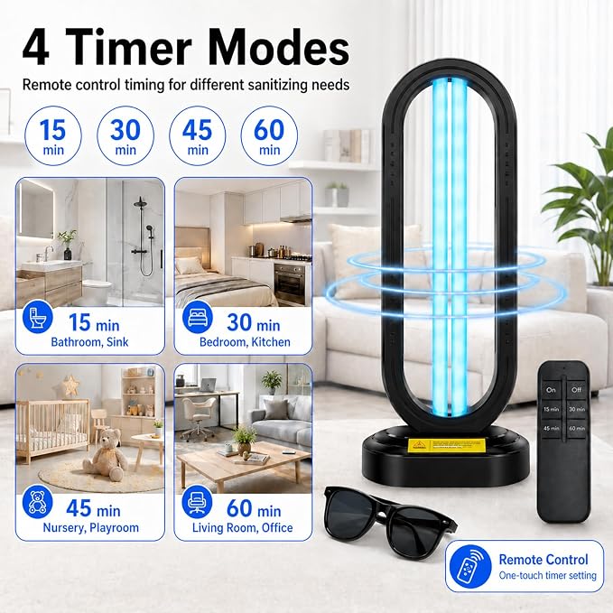 Feefir UV Light Sanitizer,UVC Home Disinfection Device,Portable UV Lamp | 4-Speed Timing and Remote Control ,Ultraviolet Light Sanitizer Effectively Mold Remover and Dust Mites,for Whole Room,Black