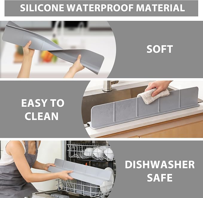 18Inch Sink Splash Guard – Extended Length & Tall Silicone Kitchen Sink Splash Guard with Overhang Drainage Design & Strong Suction Cups for Countertop (Grey, 18''x3.5'')