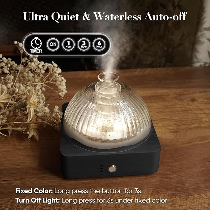 Glass Dome Essential Oil Diffuser with Glass Reservoir & Wood Base-Plastic Free, 200ml Ultrasonic Diffuser for Aromatherapy with Timer 7 Color Light Auto-Off for Home Office Yoga Dark Brown