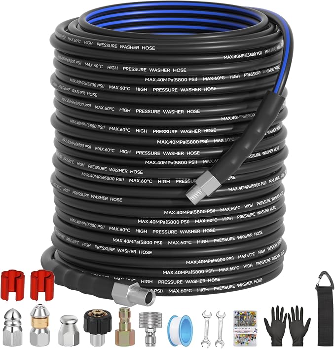 Sewer Jetter Kit for Pressure Washer(200FT),1/4" NPT Drain Cleaner Hose 5800PSI with 3 Sewer Jet Nozzles，Pearl Corsage Pin，Marking Ring,Spray Nozzle，Teflon Tape&Gloves