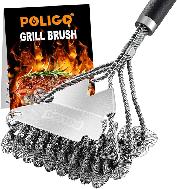 POLIGO BBQ Grill Cleaning Brush Bristle Free & Scraper - Triple Helix Design Barbecue Cleaner - Non-Bristle Grill Brush and Scraper Safe for Gas Charcoal Porcelain Grills - Ideal Grill Tools Gift