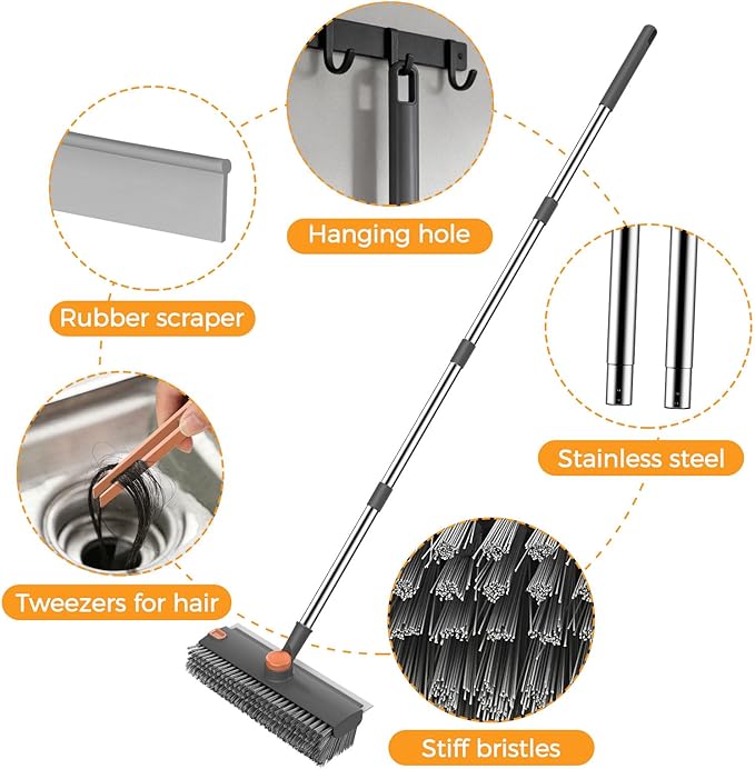 SetSail Floor Scrub Brush with 54in Adjustable Long Handle, Grey&Orange | 3 in 1 Floor Scrub Brush with Scraper and Stiff Bristle, Heavy Duty Floor Scrubber for Shower Bathroom Kitchen Patio Garage