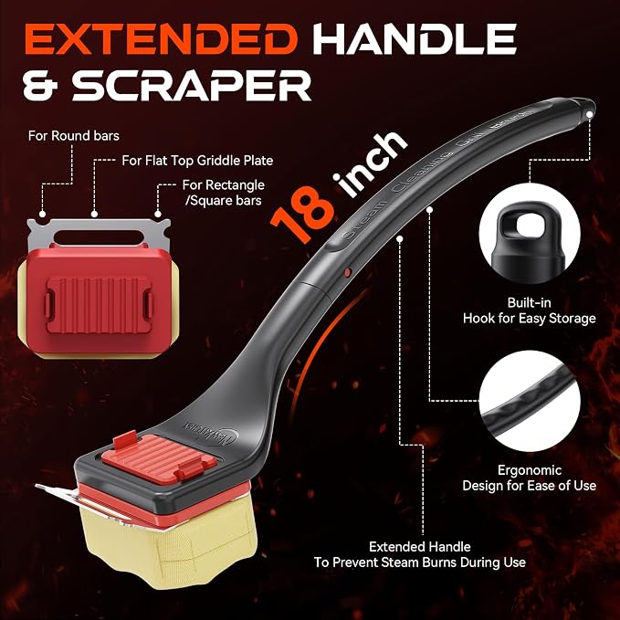 Bristle Free Grill Brush with Scraper, Safe Steam Clean BBQ Grill Cleaner, Long Handle Replaceable Head Grill Cleaning Brush for Outdoor Grill