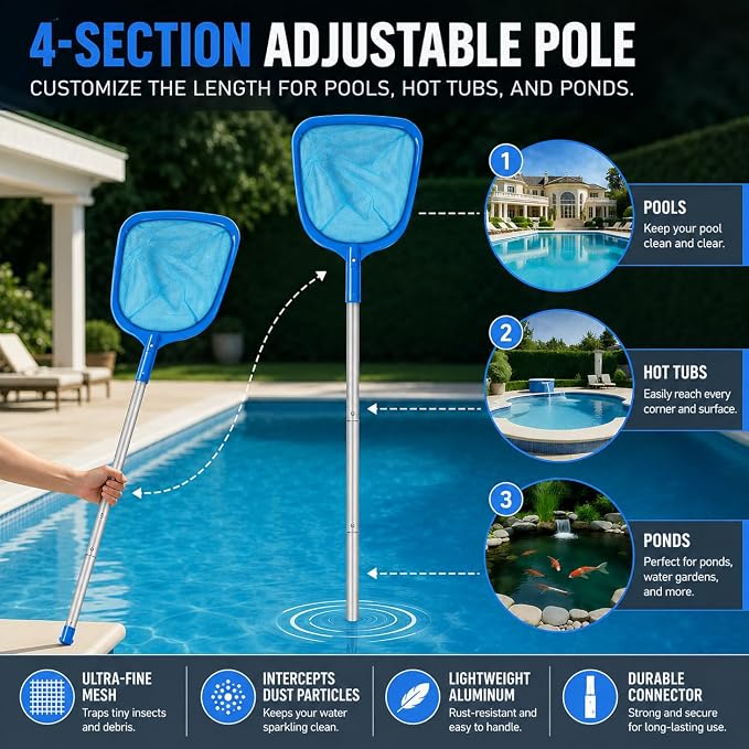 Pool Mesh Skimmer Net with Adjustable Aluminum Pole, Fine Leaf Skimmer for Above Ground & Inground Pools, Hot Tub, Spa & Pond, Pool Cleaner for Leaves, Bugs and Debris Easily Catches Leaves