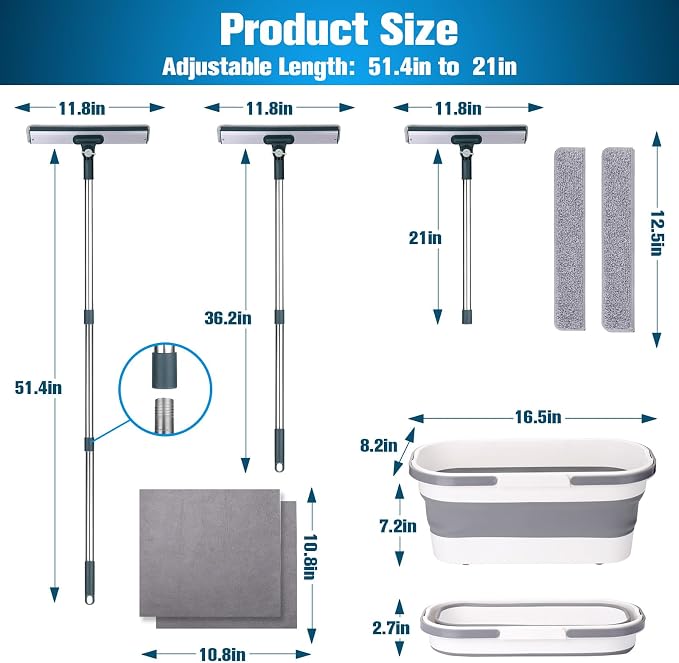 Window Cleaning Kit Tool with Storage Bucket & Extension Pole | Window Washing Kit with Extension Pole,Professional Windows Washer Cleaner Squeegee Kits,Indoor&Outdoor High Windows