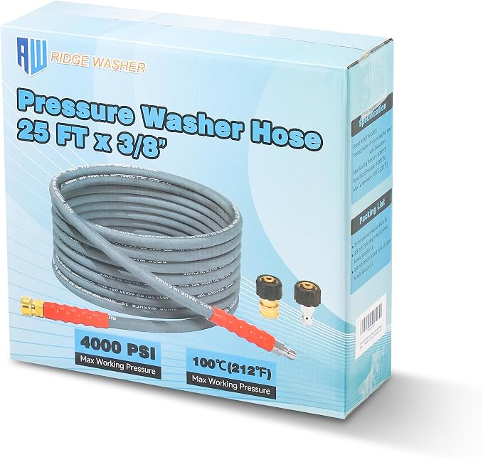 RIDGE WASHER Pressure Washer Hose 25 Ft, 4000 PSI, M22 14 mm Fitting | Power Washer Hose with 3/8 Inch Quick Connect for Hot and Cold Water, Gray Non Marking Hoses